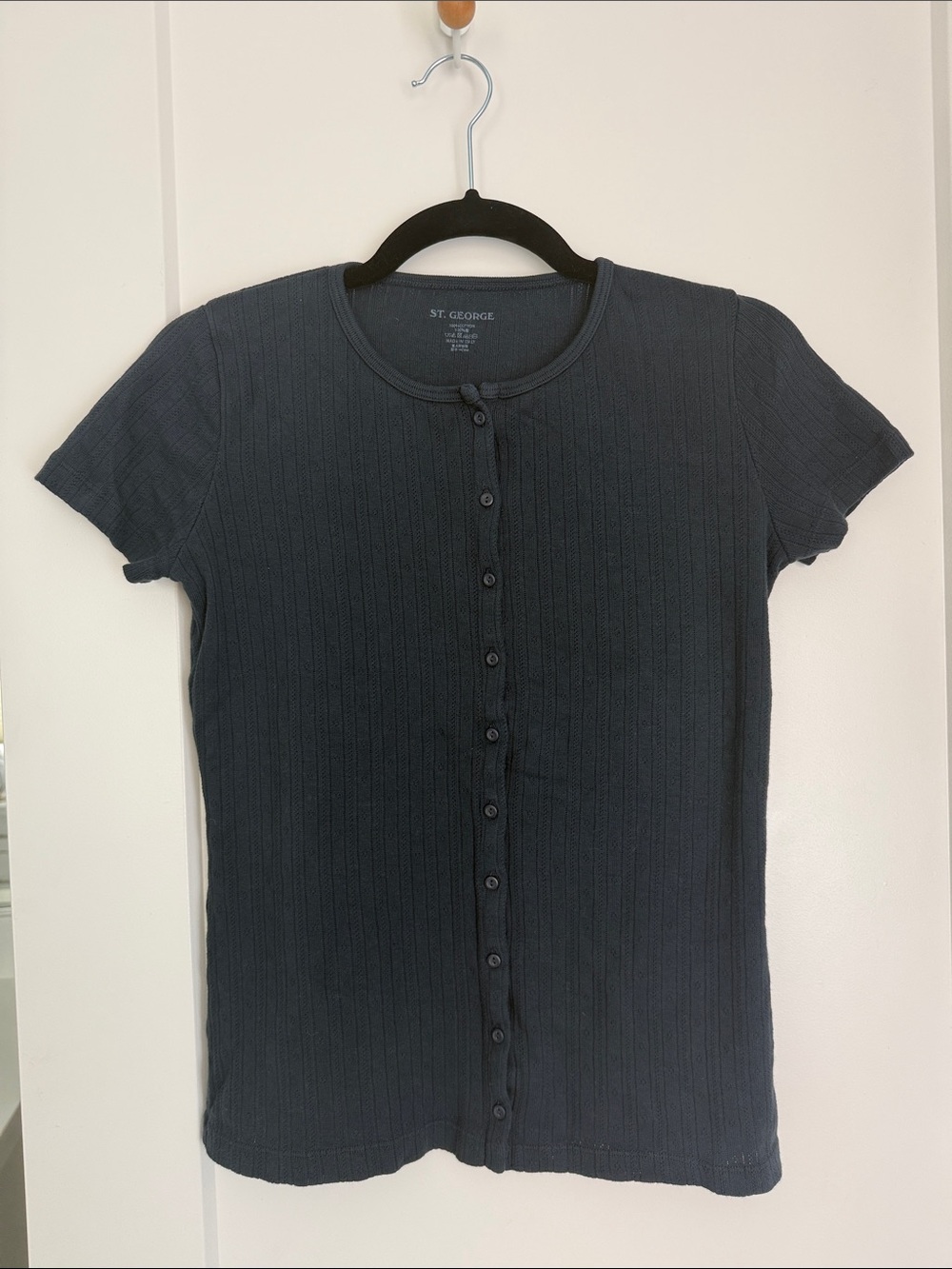 St. George Navy Pointelle Short-Sleeve Button-Down Top